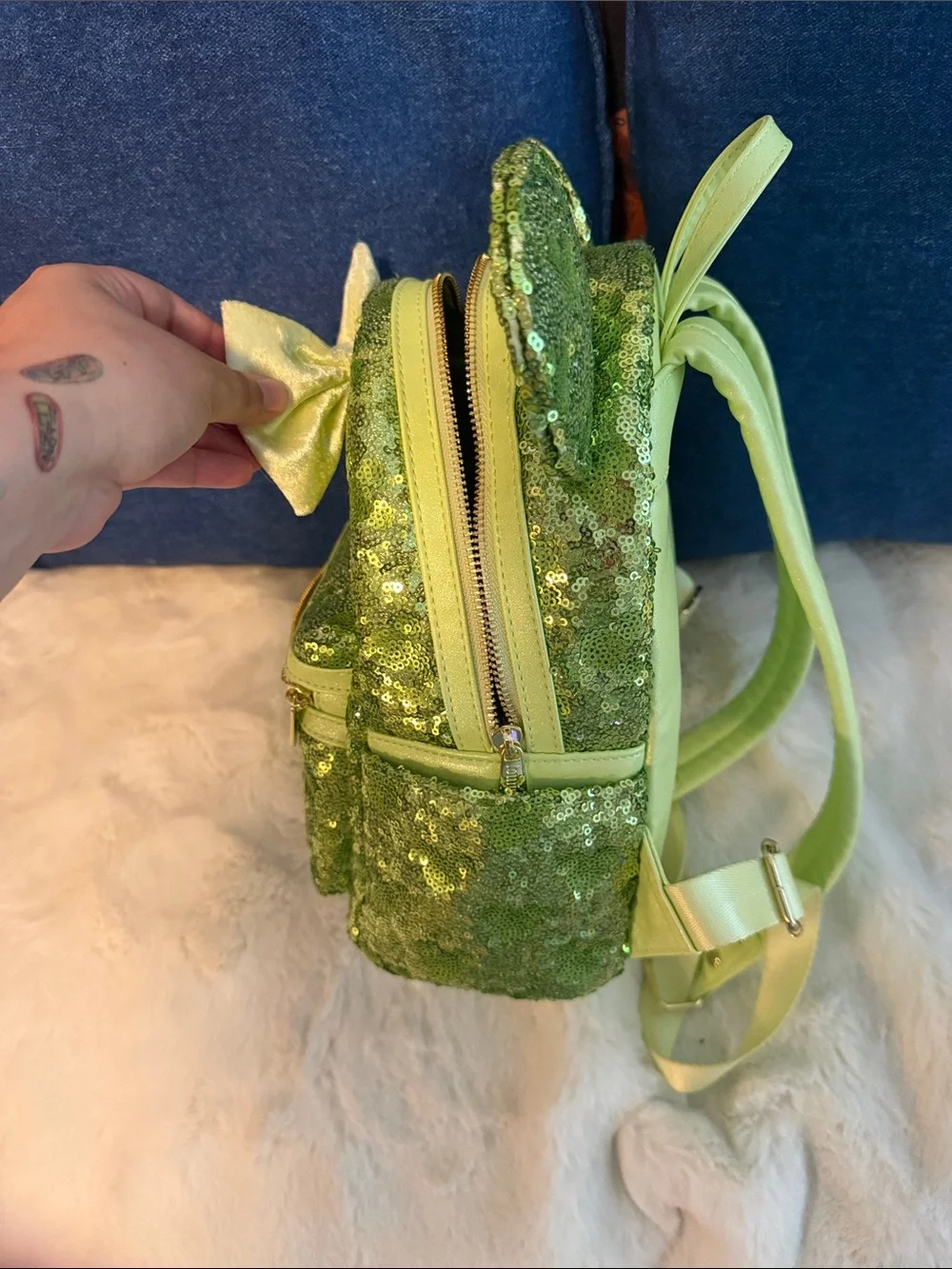 Loungefly Green Sequin Minnie Ear Mini Backpack with Pale Green Bow